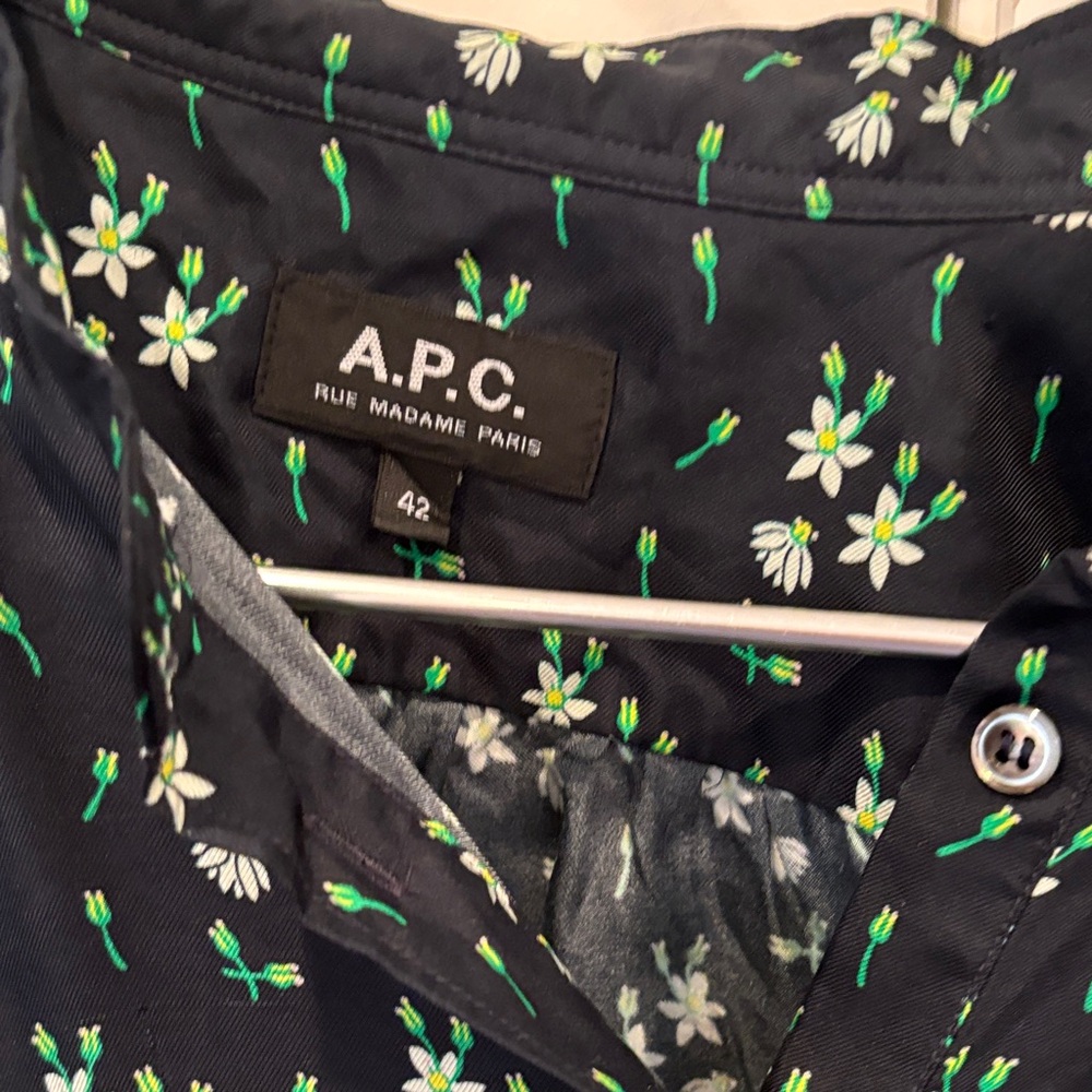 A.P.C. Black Floral Henley Blouse with Green Details. Size 42 - Picture 2 of 3